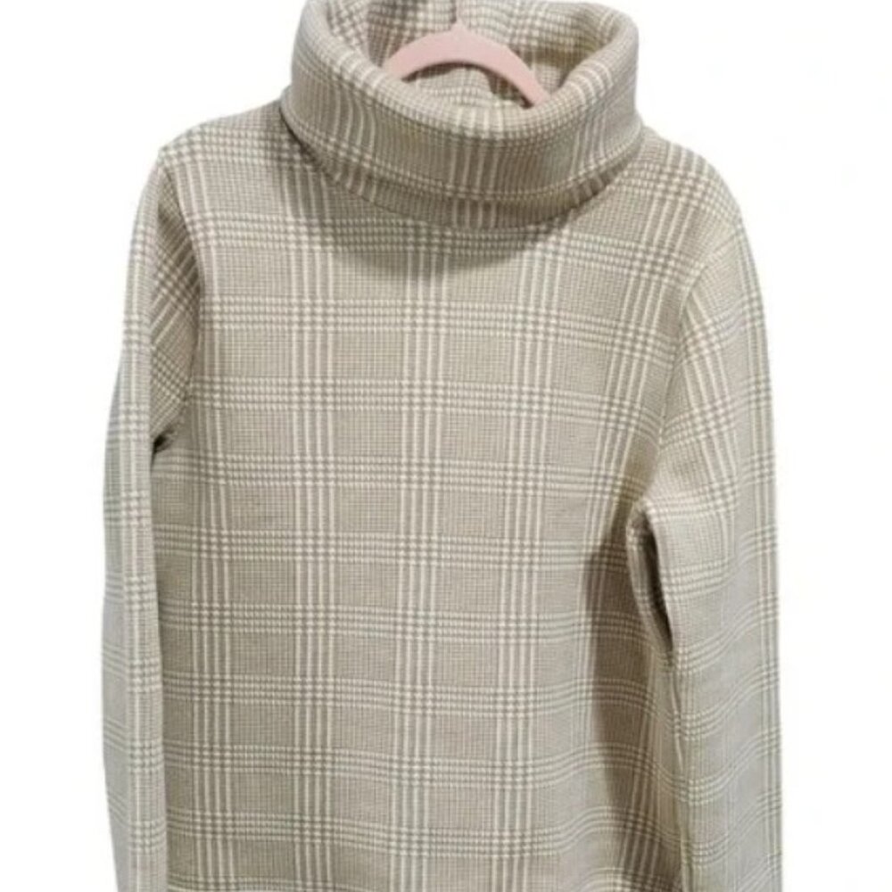 J.Crew Womens Plaid Funnel Neck Sweater Size L Beige Tan Pullover